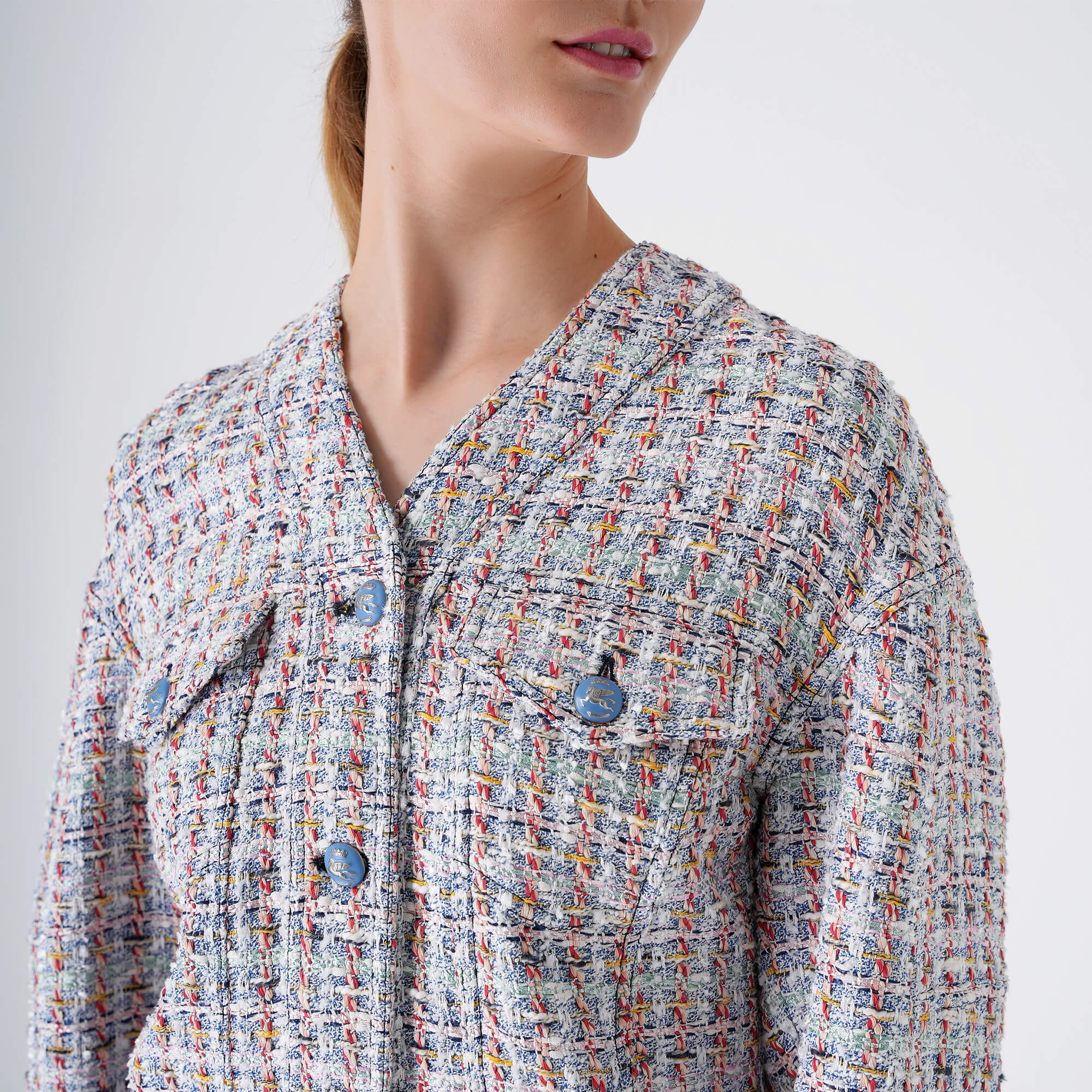 Etro - White & Blue Tweet Icon Button Jacket